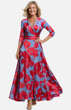 Women's Floral Maxi Dress with V-Neck and Three-Quarter Sleeves