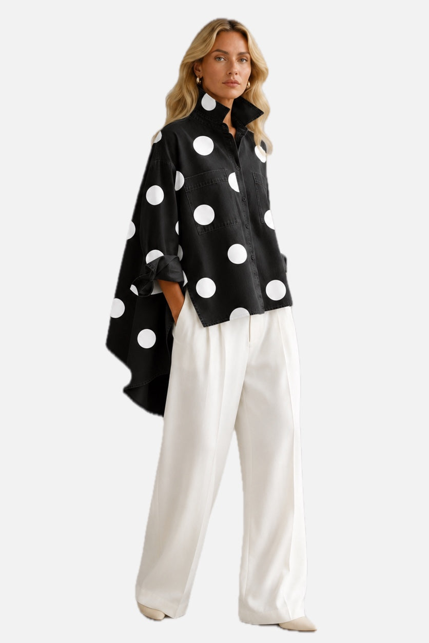 Women's Polka Dot Blouse Oversized with Dramatic Draped Back