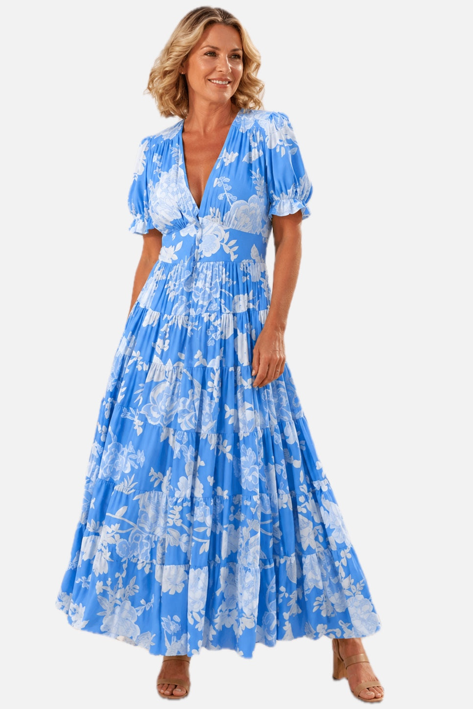 Women's Maxi Dress Puff Sleeve with V-Neck and Tiered Skirt