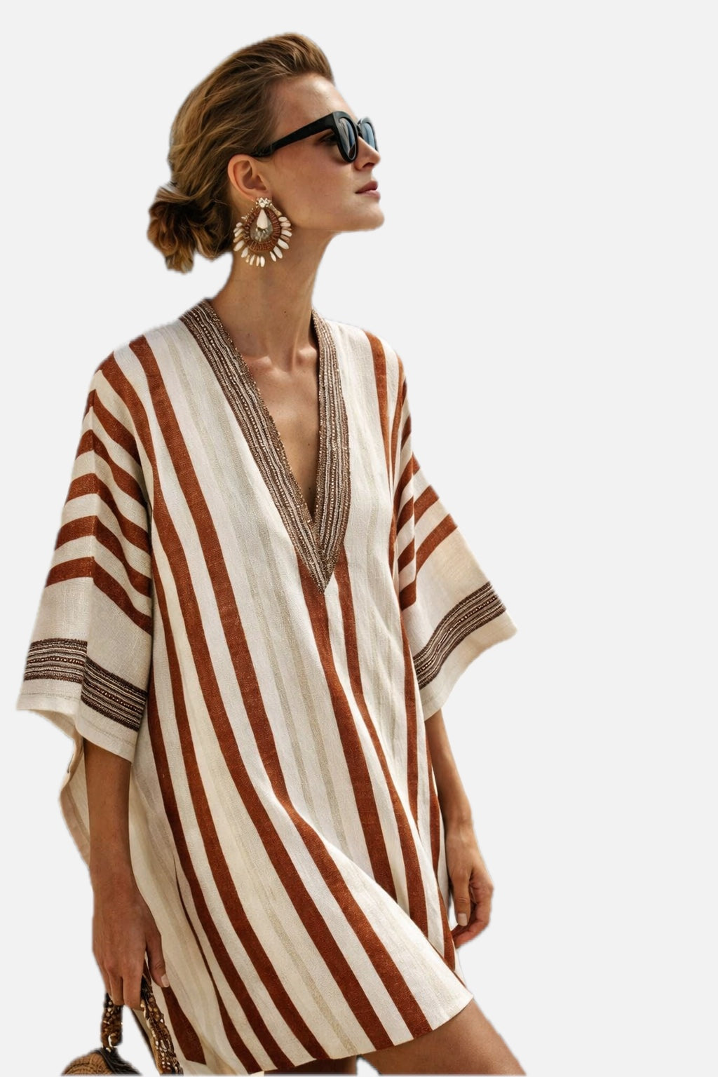 Women's Striped Kaftan Dress with V-Neck and Wide Sleeves