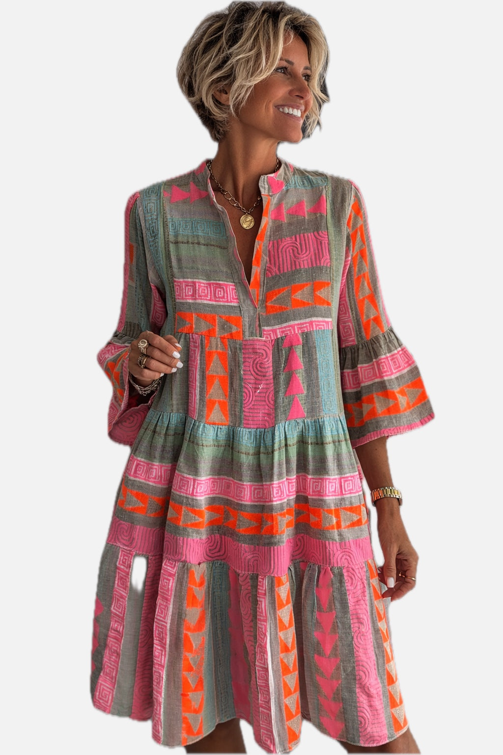 Women's Boho Dress with Tiered Silhouette and Bell Sleeves - 1