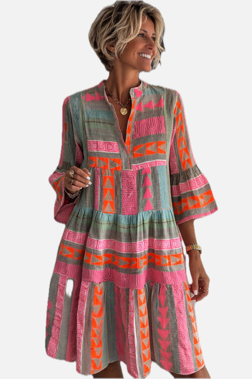 Women's Boho Dress with Tiered Silhouette and Bell Sleeves - 1