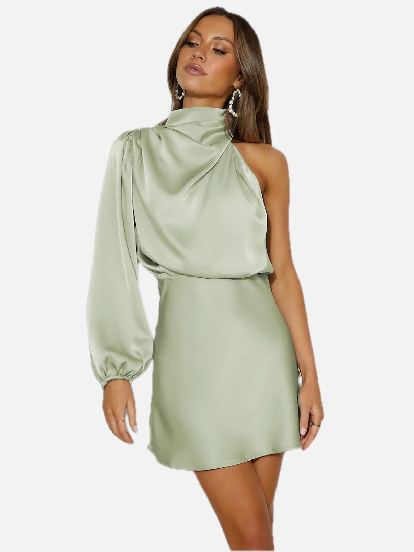Women's One-Shoulder Mini Dress with Draped Neckline and Balloon Sleeve