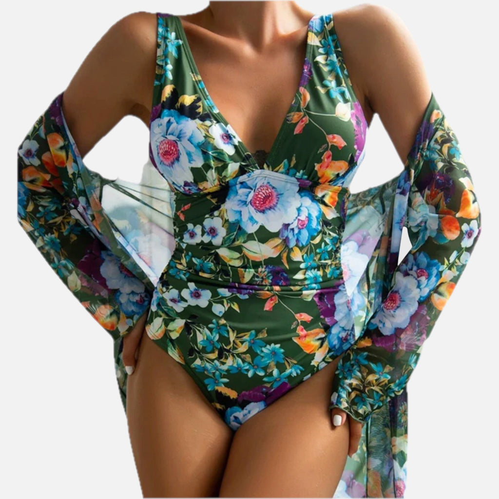 Floral Print High-Waisted Bikini Set with Adjustable Straps - 1