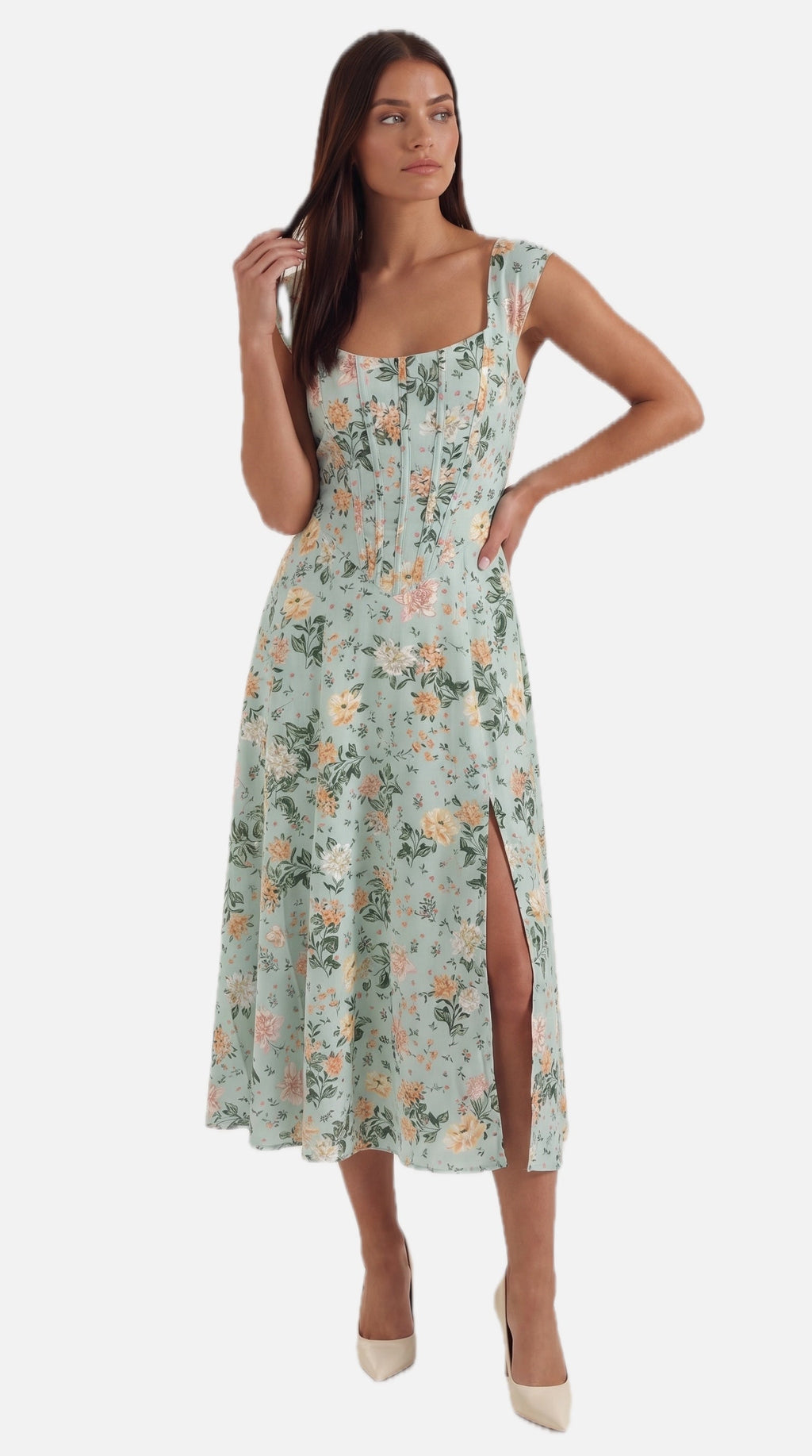 Women's Floral Midi Dress with Adjustable Straps and Corset Seaming