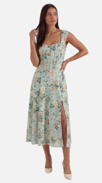 Women's Floral Midi Dress with Adjustable Straps and Corset Seaming