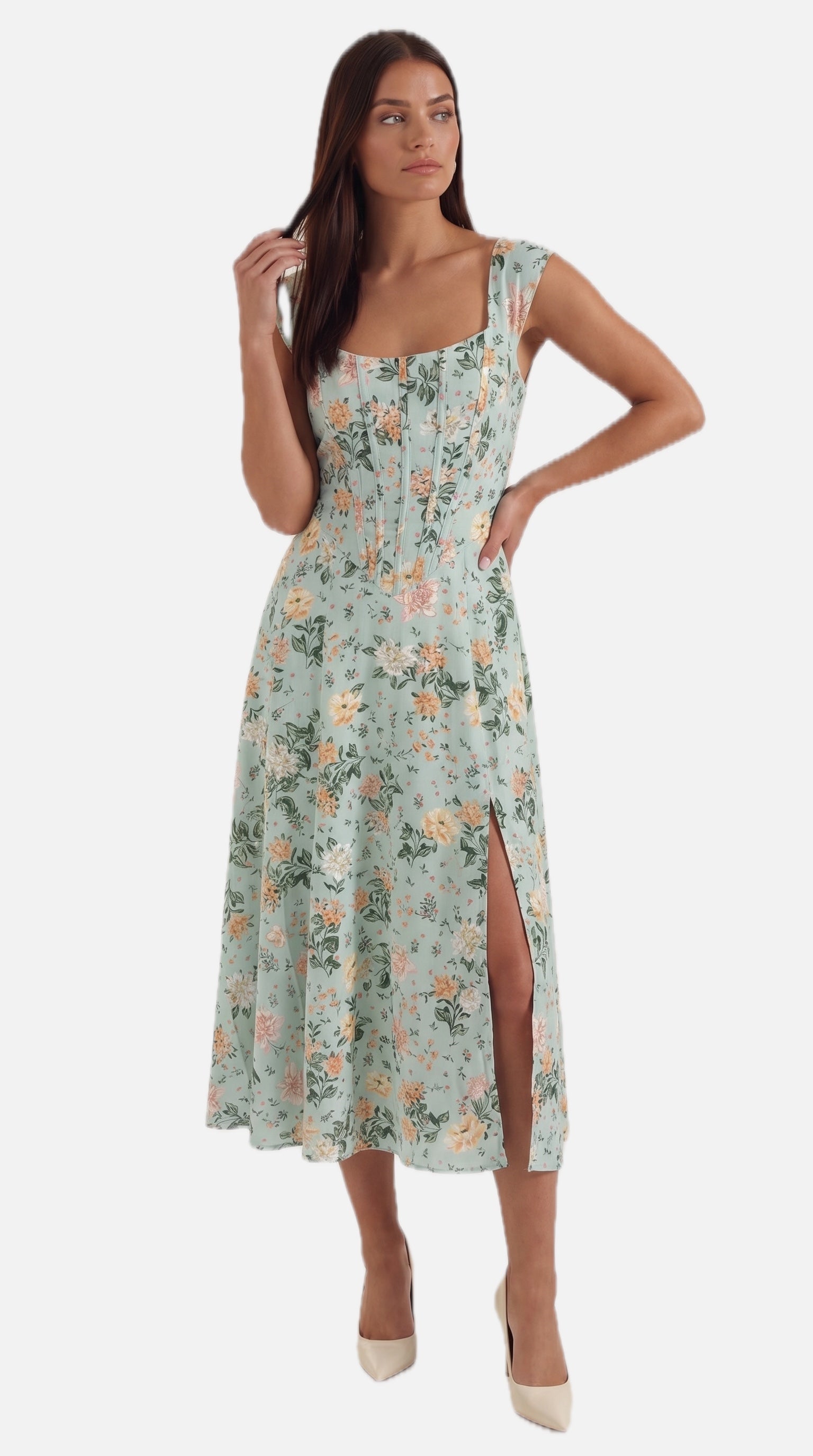 Women's Floral Midi Dress with Adjustable Straps and Corset Seaming