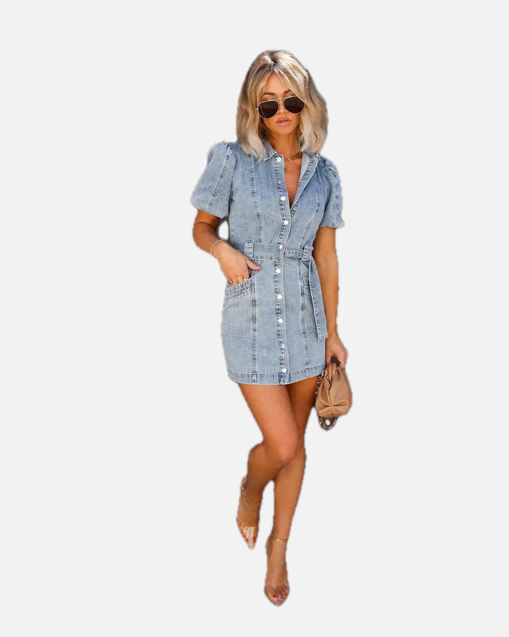 Women's Mini Dress with Puff Sleeves and Belted Waist