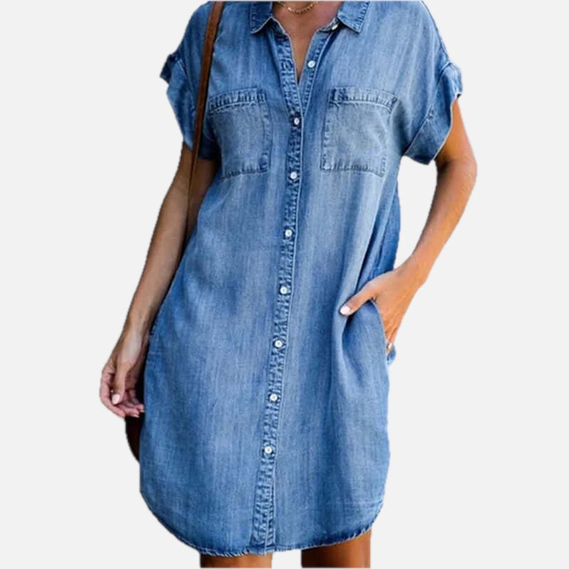 Women's Shirt Dress Short Sleeve Button-Up with Chest Pockets