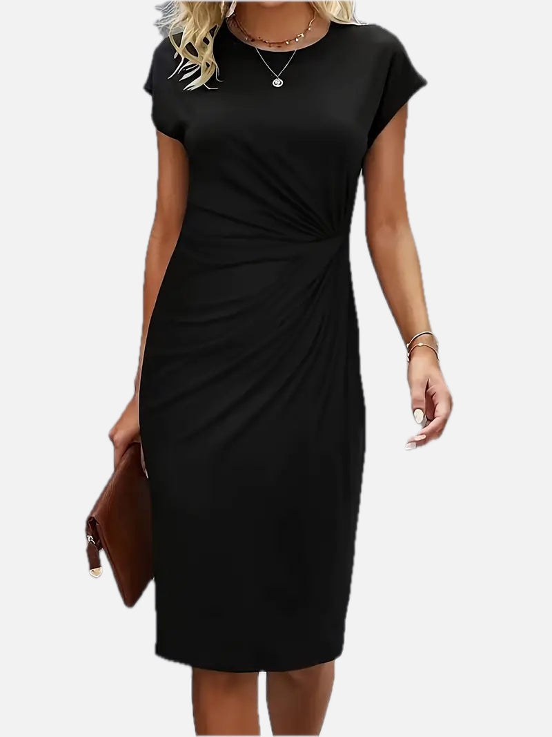 Women's Midi Dress with Round Neck and Ruched Waist