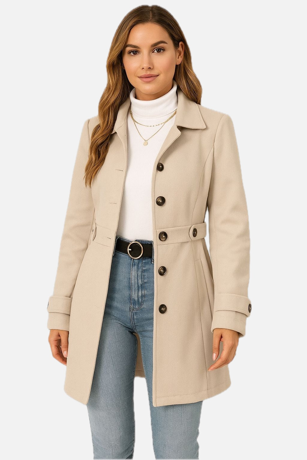 Women's Trench Coat Single-Breasted with Belted Waist and Notch Collar