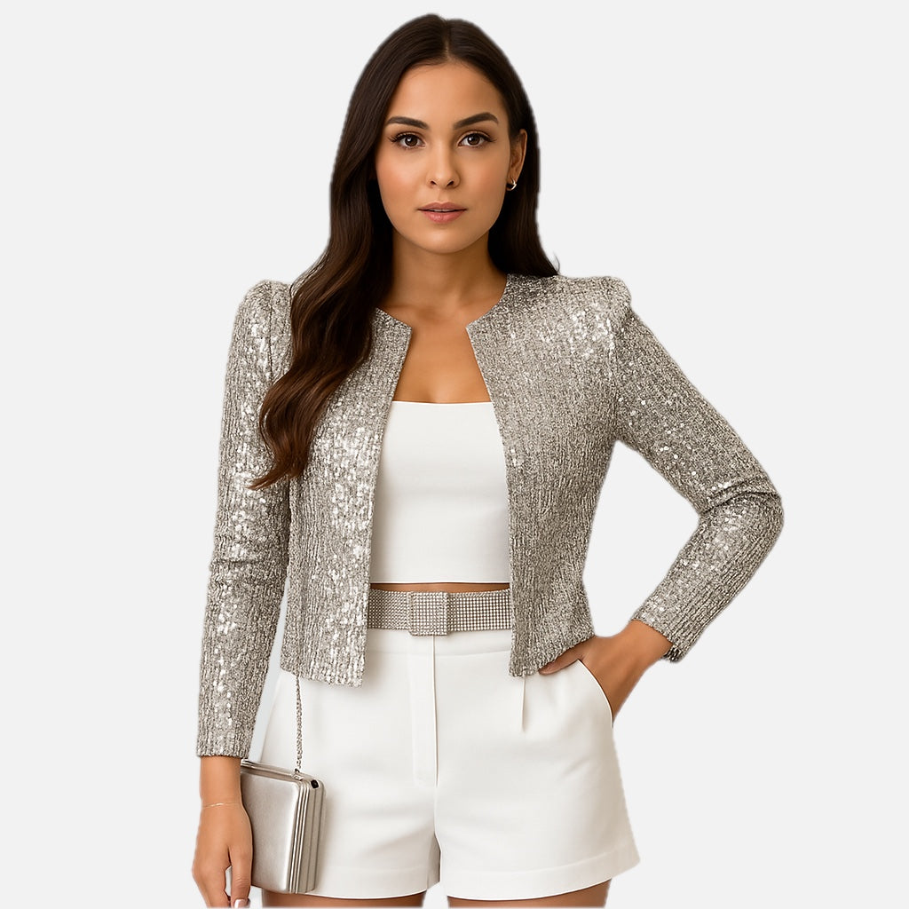 Women's Sequin Mini Blazer Long Sleeve Collarless Open Front