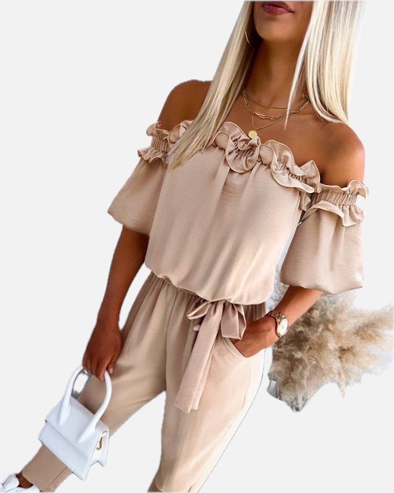 Women's Off-Shoulder Jumpsuit with Frill Trim and Tie Waist