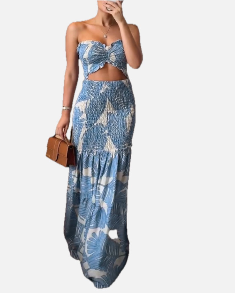Women's Halter Tropical Print Maxi Dress with Cutout and Tied Waist