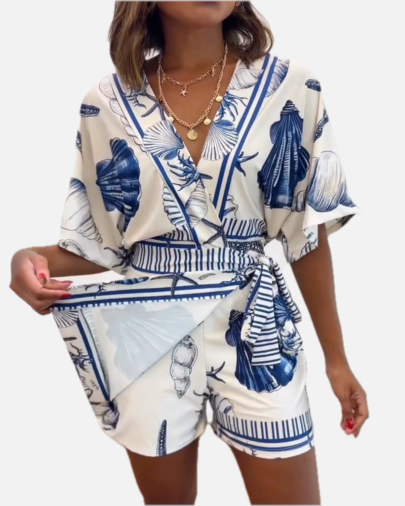 Women's Romper V-Neck Half Sleeve Wrap Knot with Seashell Print