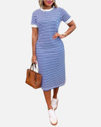 Women's Striped Midi T-Shirt Dress with Side Slit and Pockets