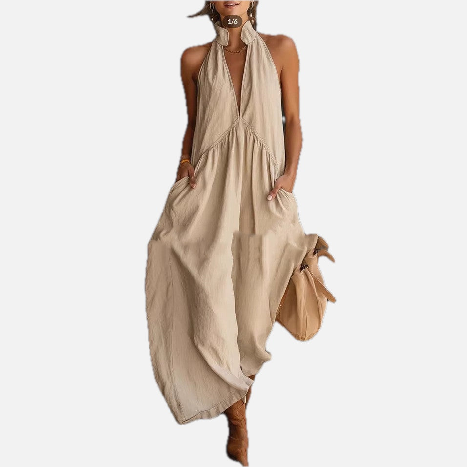 Women's Halter Neck Maxi Dress with Button Front and Relaxed Silhouette