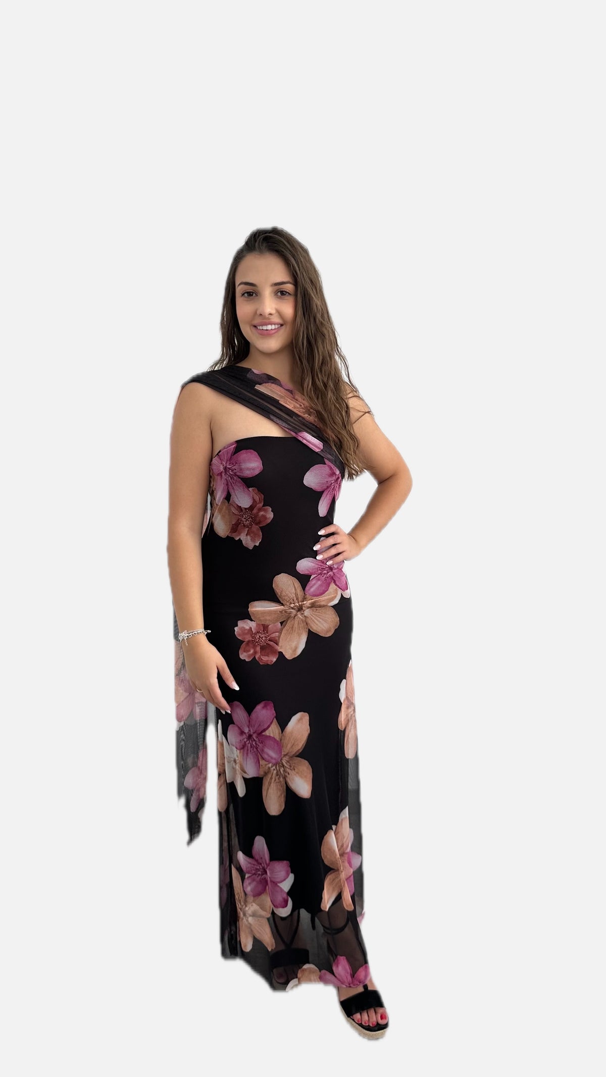 Women's Maxi Dress One Shoulder with Floral Print and Draped Sash - 1