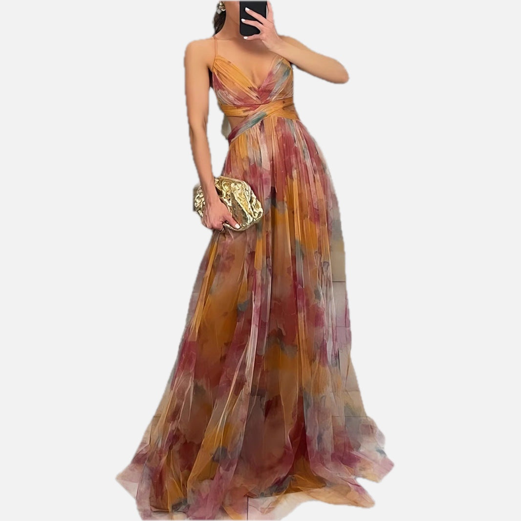Women's Long Party Dress Strapless with Open Back V-Neck and Strap Detail