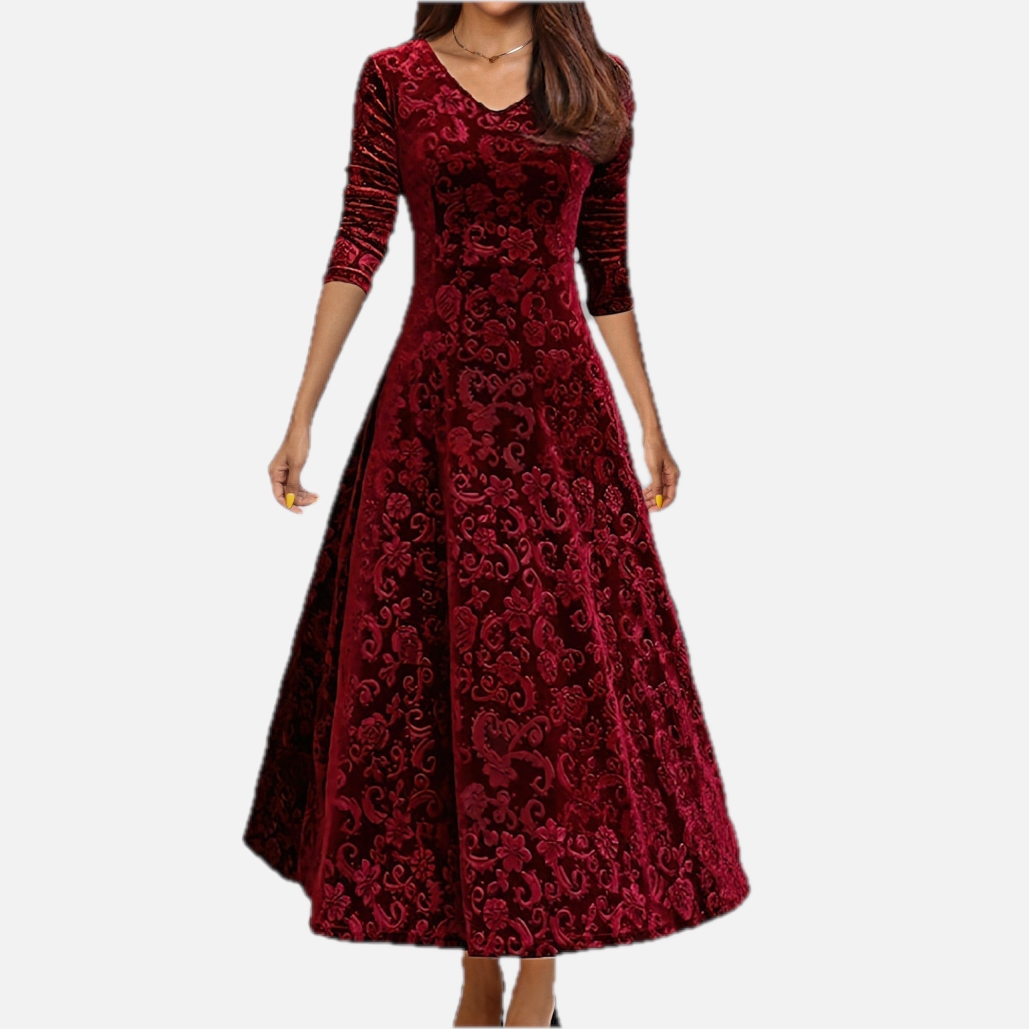 Women's Midi Dress with V-Neck and Flared Skirt