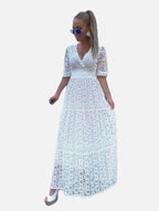 Women's Maxi Dress Lace V-Neck with Puff Sleeves and A-Line Skirt
