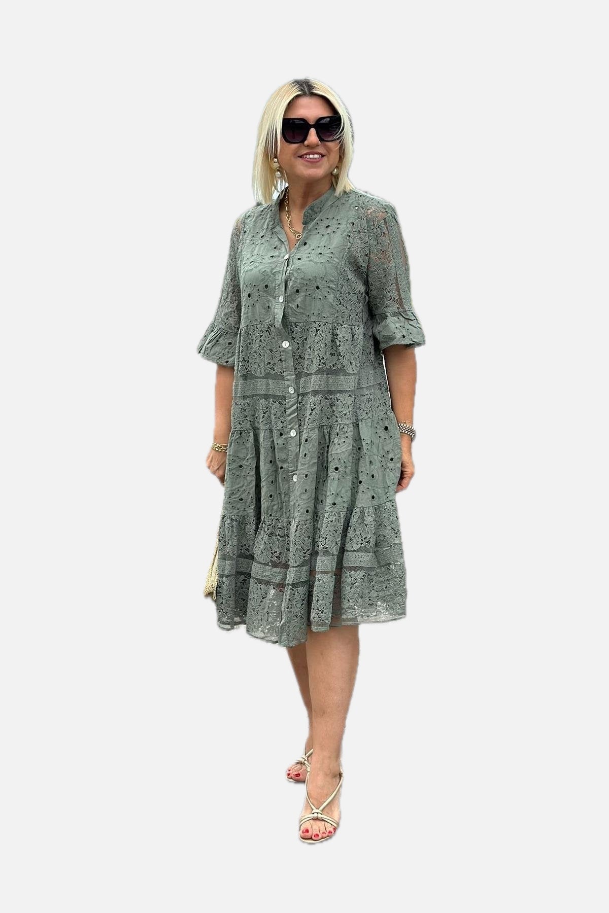 Women's A-Line Dress with Three-Quarter Sleeves and Front Buttons