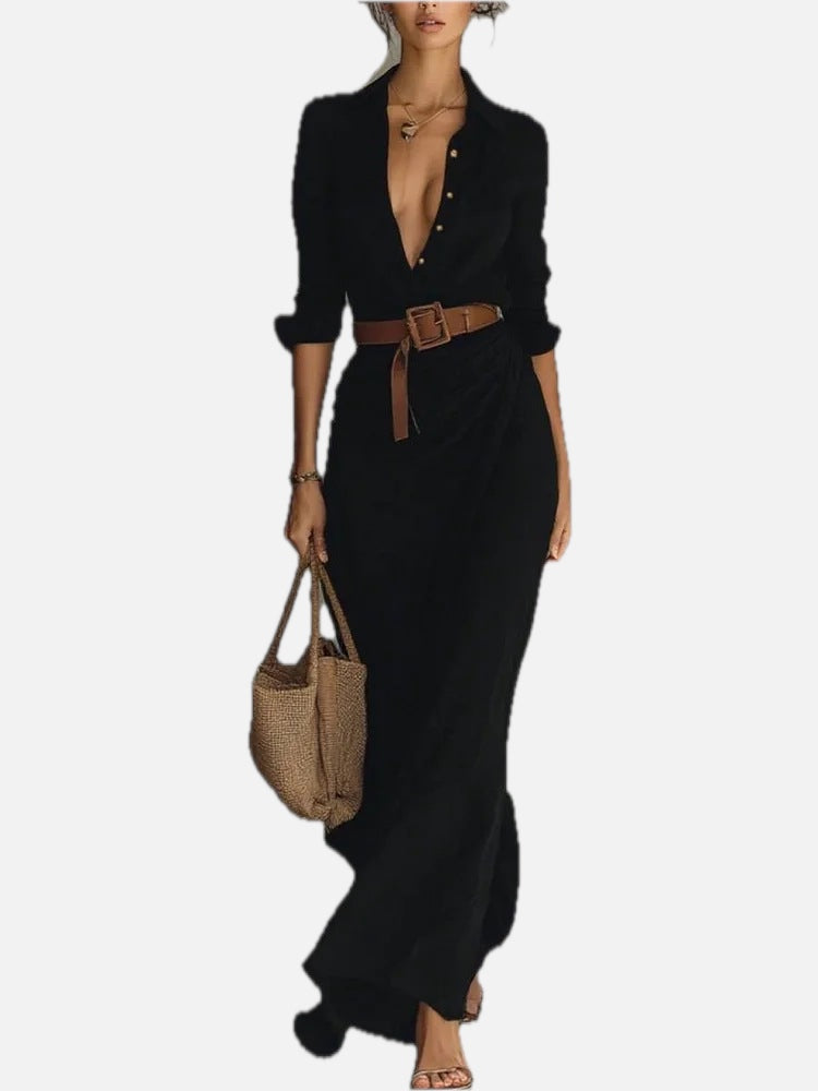 Women's Maxi Shirt Dress with Belt and Long Sleeves - 1