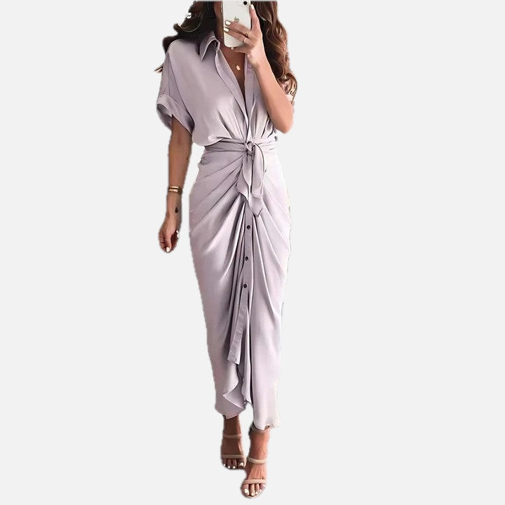 Women's Shirt Dress with Collar and Waist Tie
