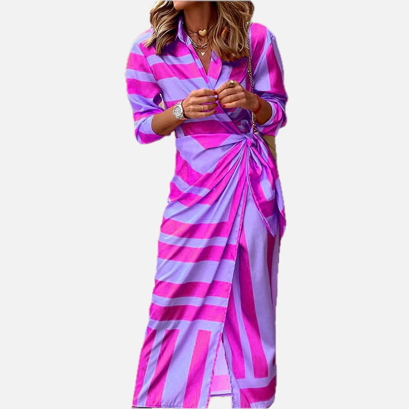 Women's Wrap Midi Dress Striped Long Sleeve with Tie Waist