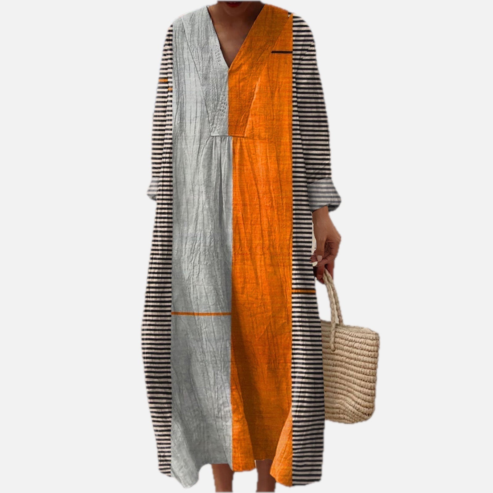 Women's Maxi Dress Long Sleeve with Colour Block Print and V-Neck