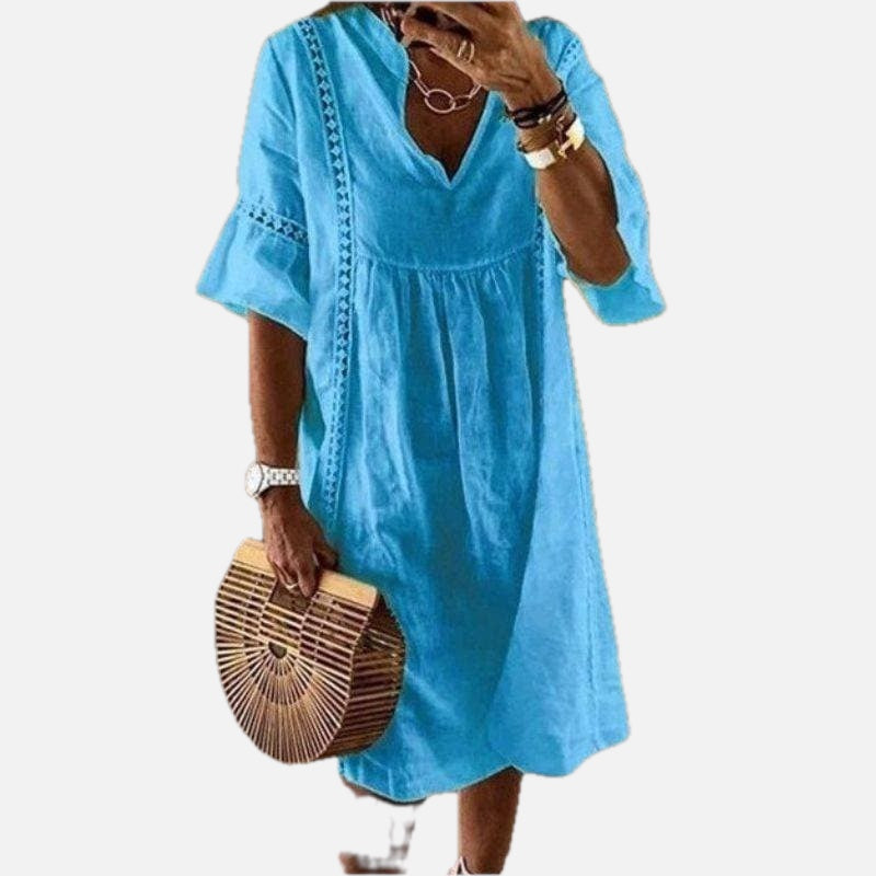 Women's Boho Dress with V-Neck and Lace Trim Detail - 1