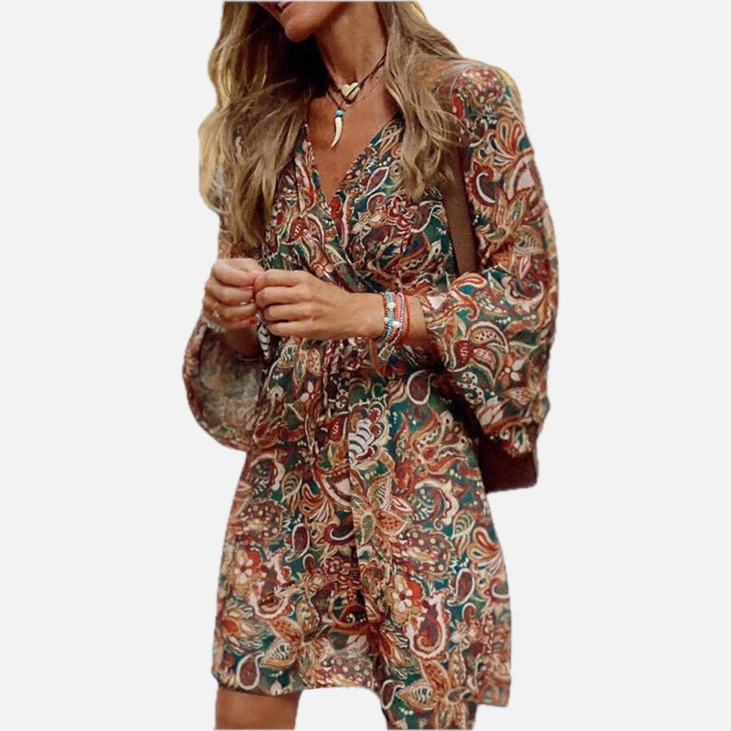 Women's Boho Dress with V-Neck and Long Balloon Sleeves - 1