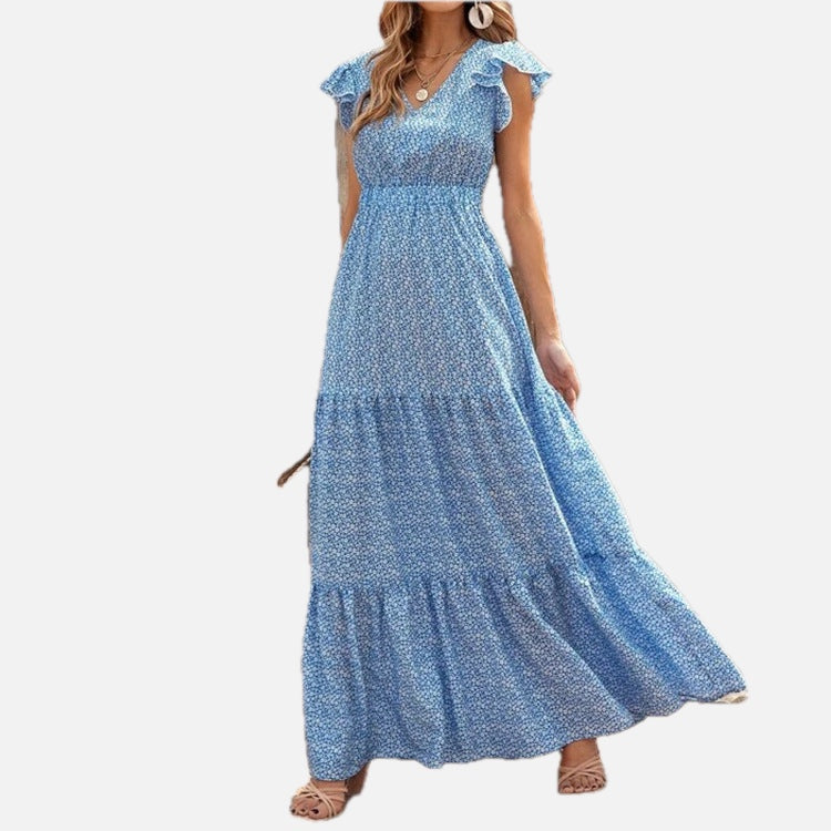 Women's Floral Print Maxi Dress with V-Neck and Ruffle Sleeves - 1