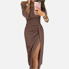 Women's Bodycon Dress Off-Shoulder with Ruched Waist and Side Slit - 1