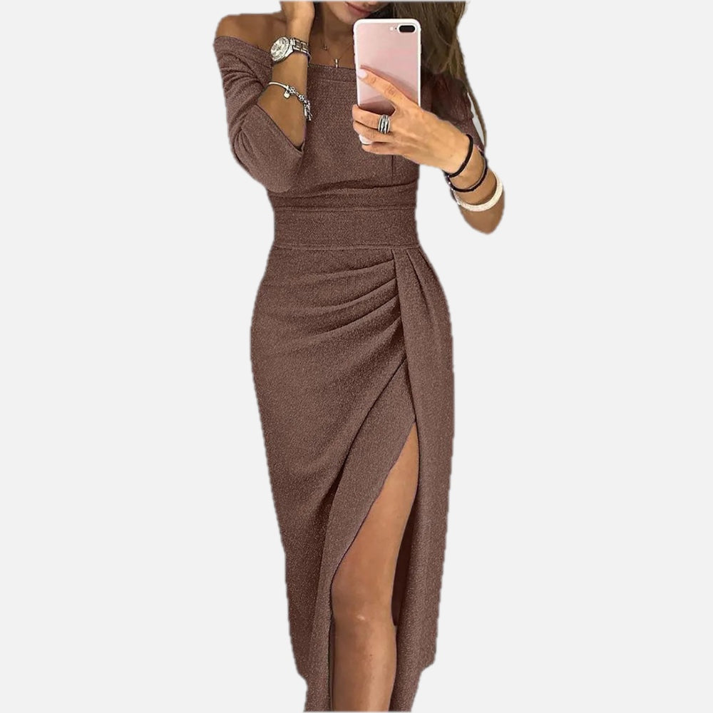Women's Bodycon Dress Off-Shoulder with Ruched Waist and Side Slit - 1