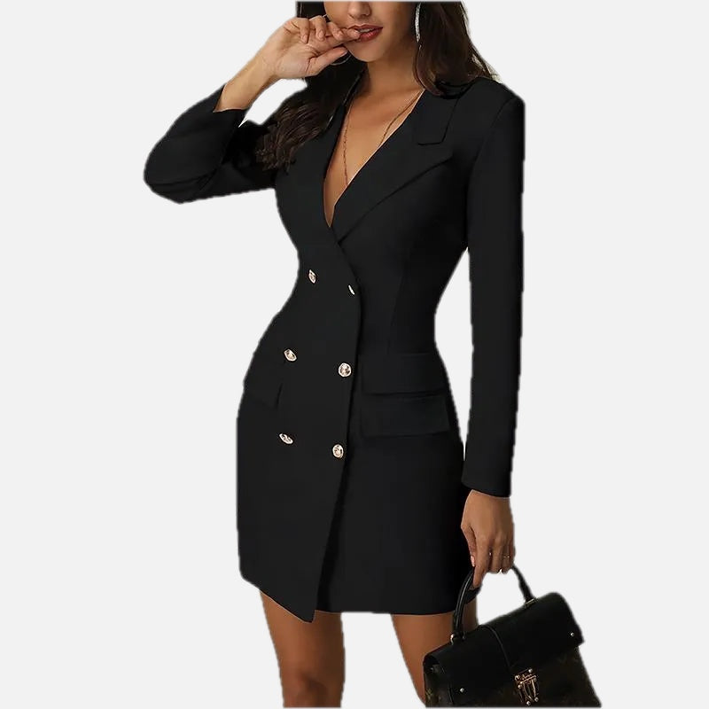 Women's Blazer Dress Double Breasted with V-Neck and Long Sleeves