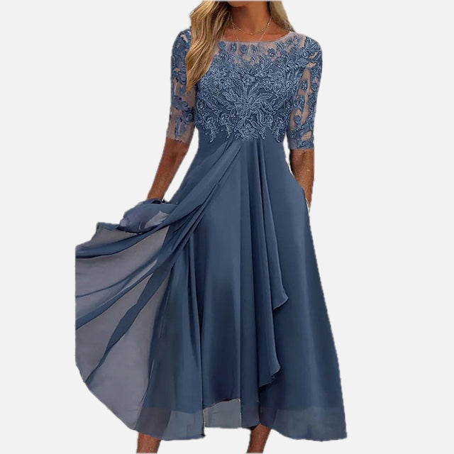 Women's Midi Dress with Lace Bodice and Flowy A-Line Skirt