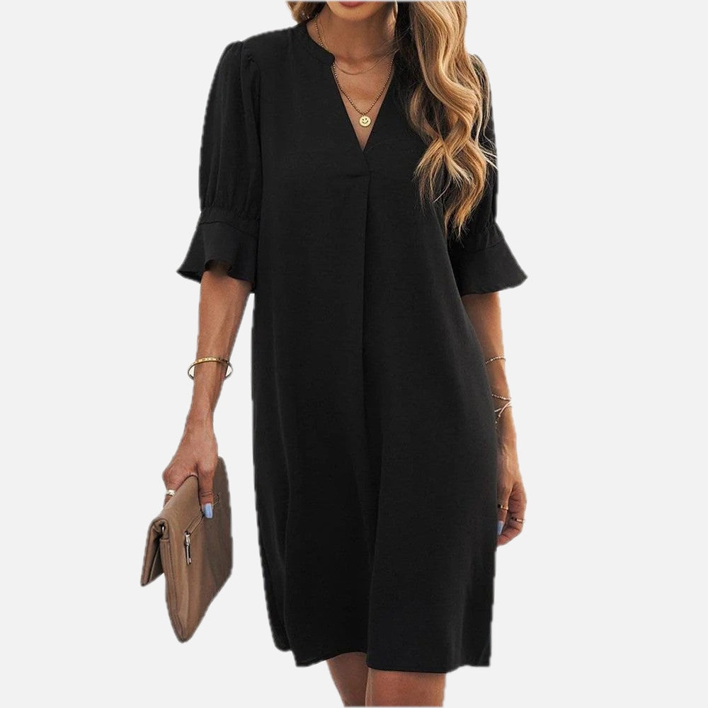 Women's Midi Dress with Flutter Sleeves and V-Neck - 1