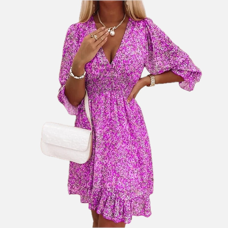 Women's Floral Dress V-Neck with Puff Sleeves and Smocked Waist