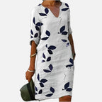 Women's Leaf Print Midi Dress with V-Neck and Three-Quarter Sleeves