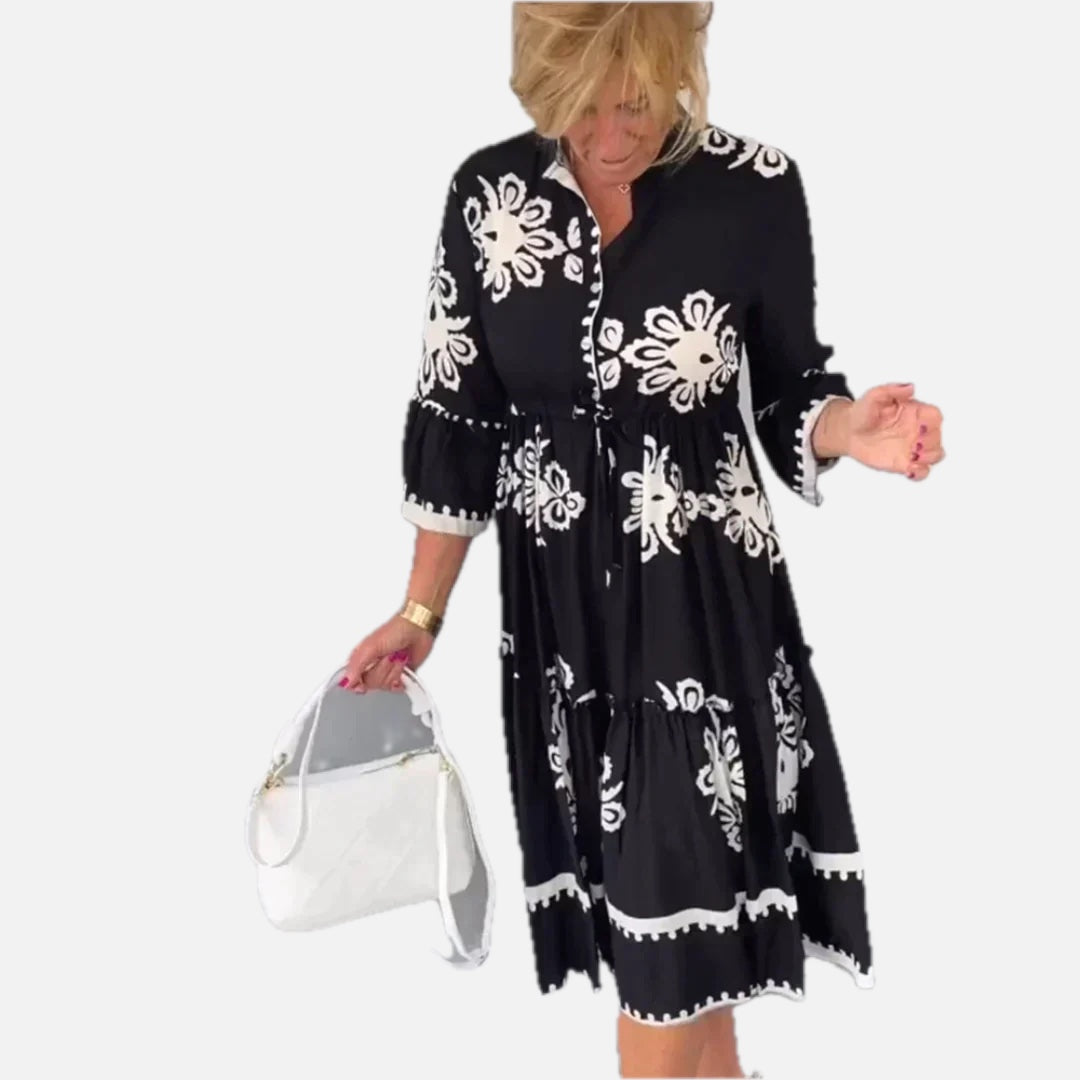 Women's Floral Print Dress with Three-Quarter Sleeves and Tiered Hem