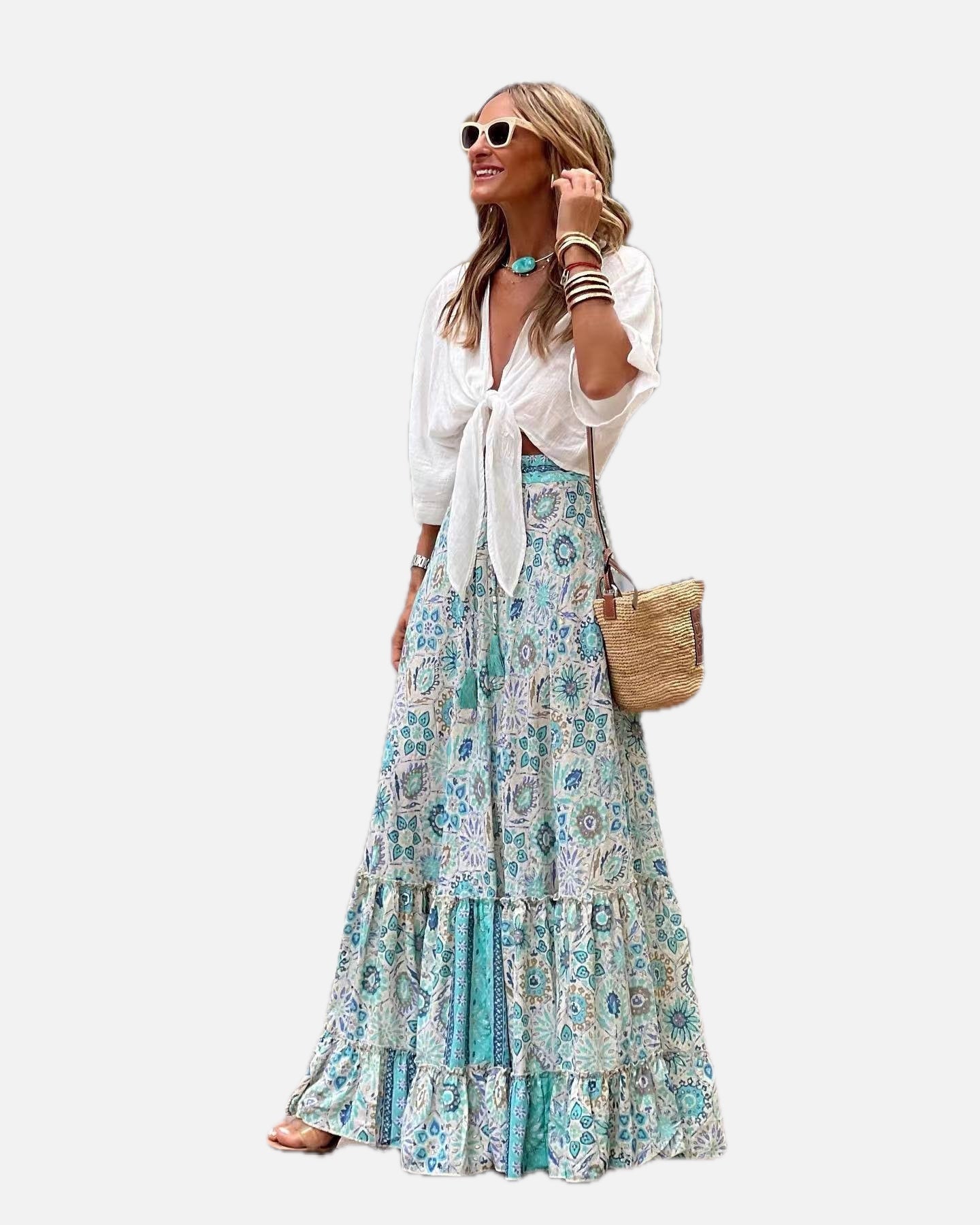 Women's Wide A-Line Maxi Skirt with Tiered Ruffle Hem and Print