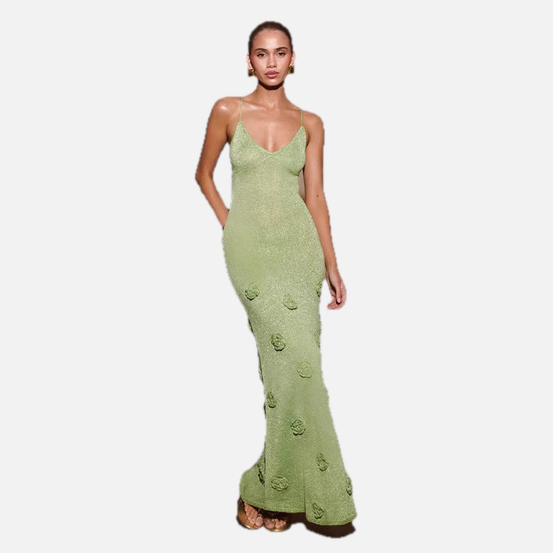Women's Sequin Maxi Dress with Floral Appliques and Spaghetti Straps