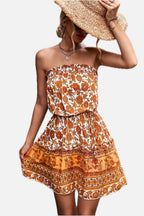 Women's Strapless Floral Print Dress with High Waist and A-Line Skirt