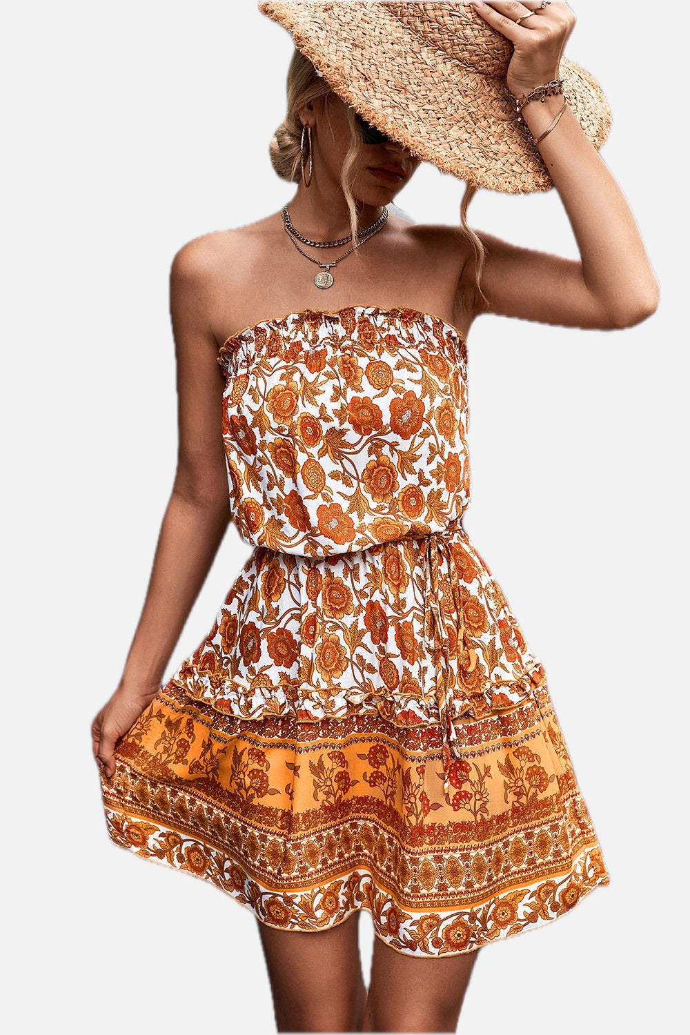 Women's Strapless Floral Print Dress with High Waist and A-Line Skirt