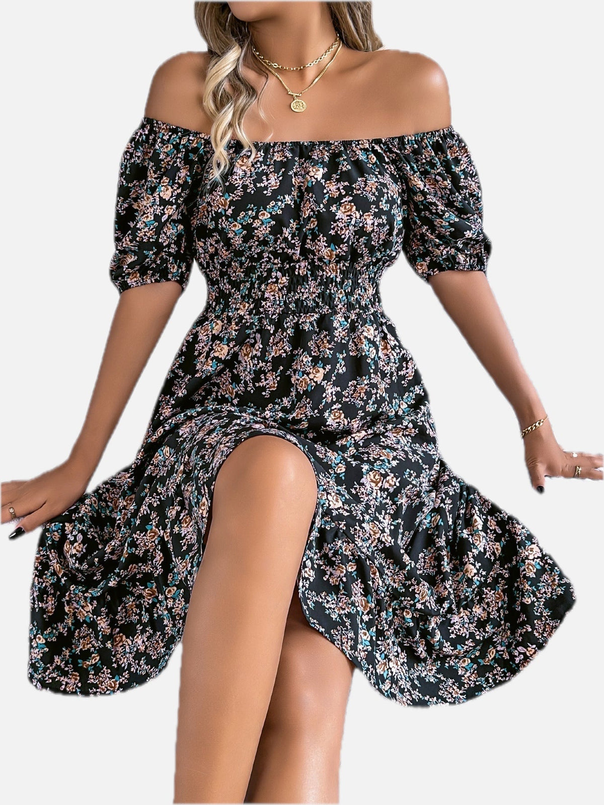 Women's Floral Dress with Frill Hem and High Waist