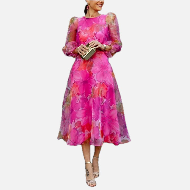 Women's Floral Midi Dress with Puff Sleeves and Round Neck