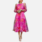 Women's Floral Midi Dress with Puff Sleeves and Round Neck