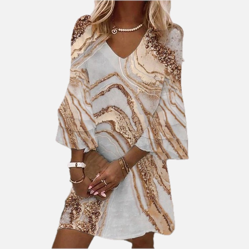 Women's Mini Dress with Flared Sleeves and V-Neck