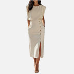 Women's Structured Midi Dress with Button Detail and Split Hem